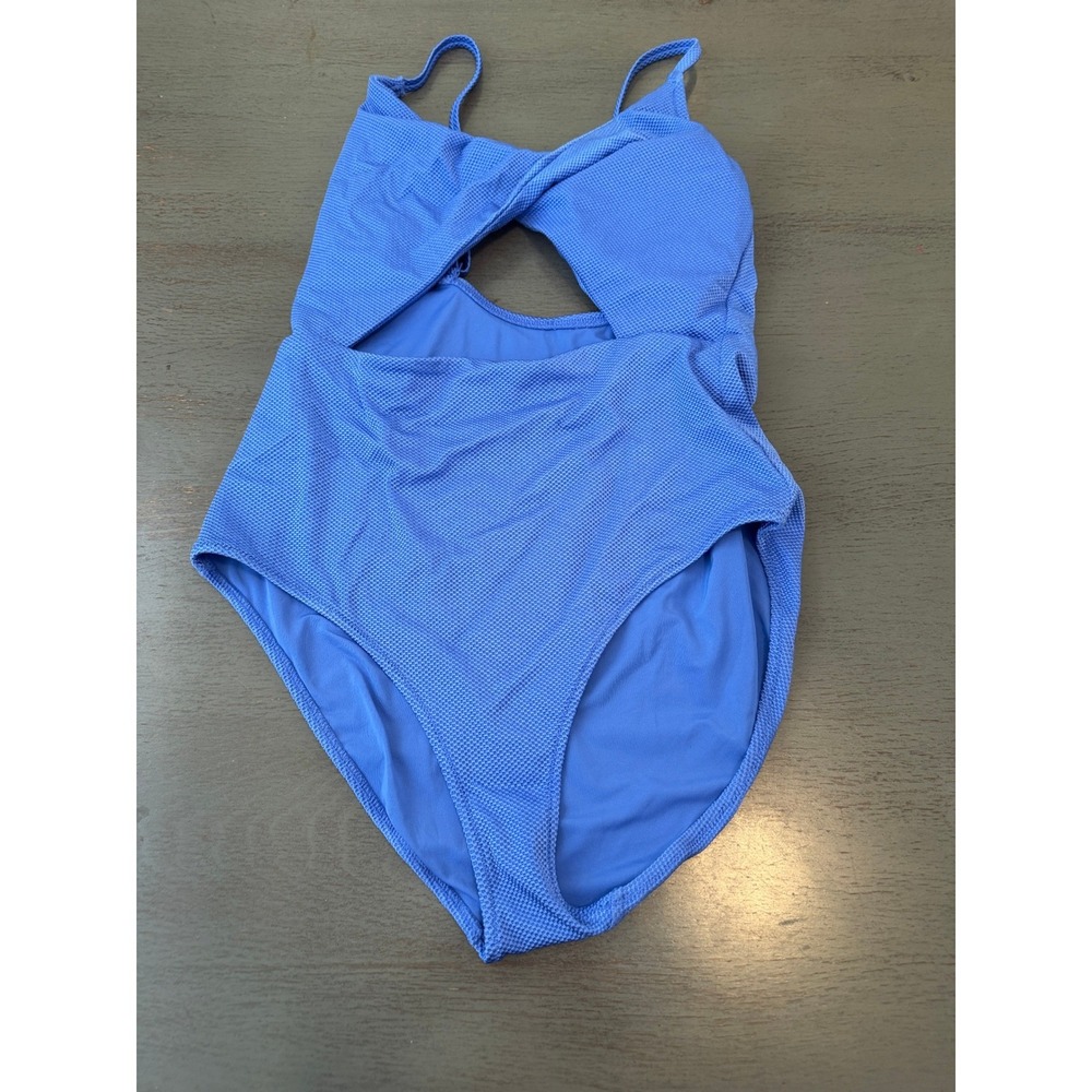 Aerie Real Good Blue Textured Twist Front Cutout One Piece Swimsuit Large